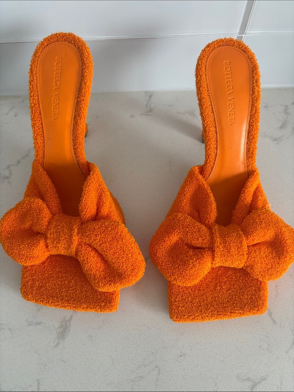 Bottega Veneta Orange Terry Bow Square-Toe Mules